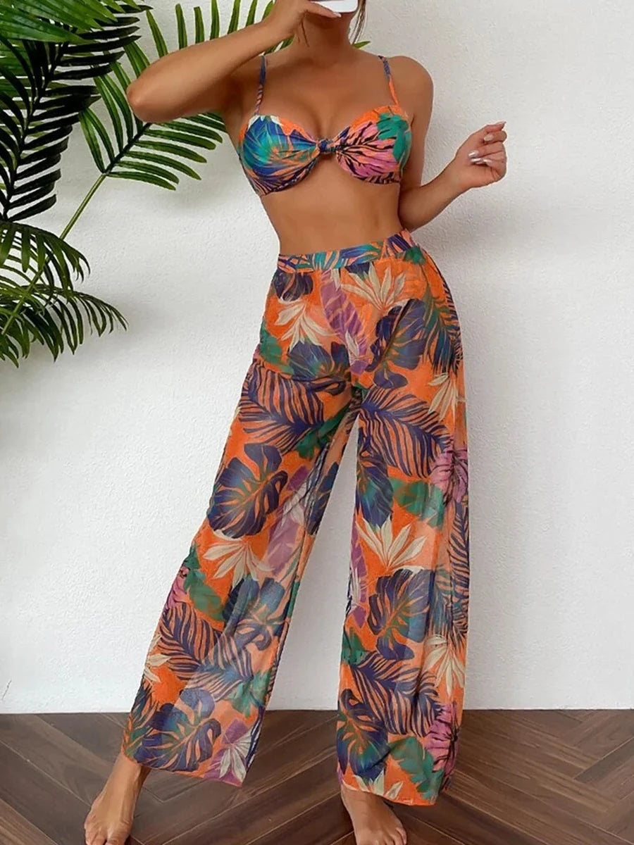 3 Pieces Strappy Bikini 2026 Women Printed Swimsuit Sexy Swimwear Female With Beach Pants Bathers Bathing Swimming Swim Suit
