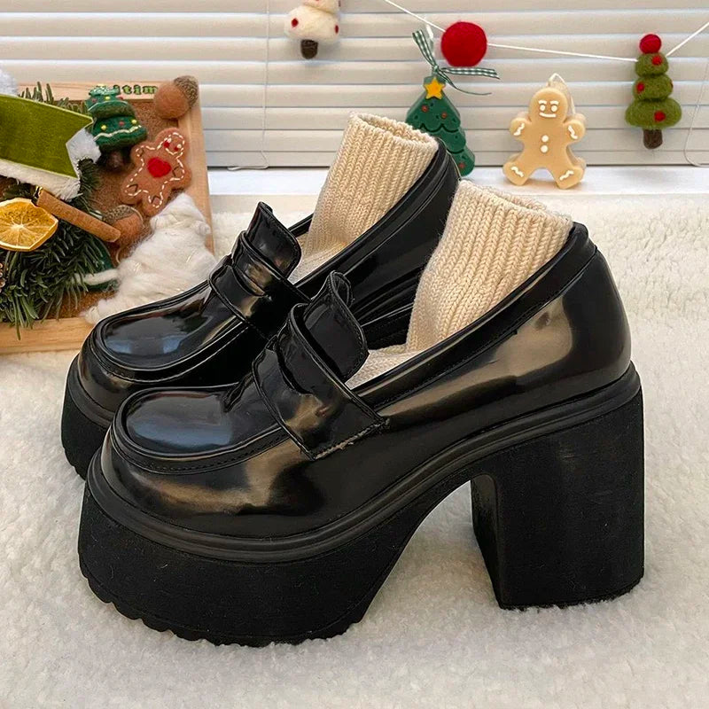 Punk Style Chunky Platform Pumps Women Black Pu Leather Super High Heel Loafers Woman Slip On Thick Heels Lolita Mary Jane Shoes