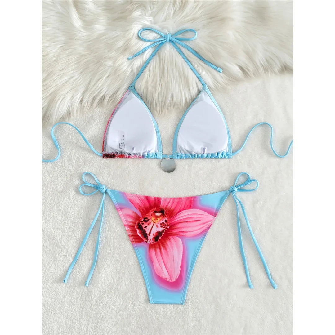 Floral Flower Printed Halter Bikini Women Swimwear Female Swimsuit Two-pieces Bikini set Strappy Bather Bathing Suit Swim K7312