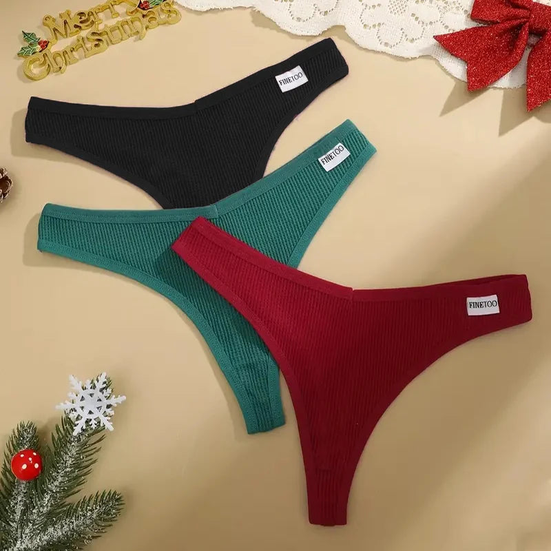 3Pcs Women Christmas Waffle Style G-string Cotton Panties Ladies Soft Thongs Female S-XL Low-Rise T-Back Panties Bikini Bikini