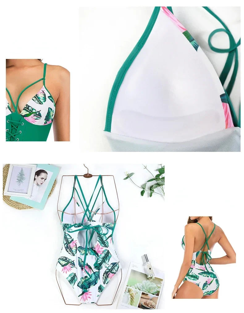 Sexy One Piece Swimsuit Swimwear Women Leaf Print Patchwork Hollow Cross Straps Backless Beachwear Bathing Suit Banadores Mujer