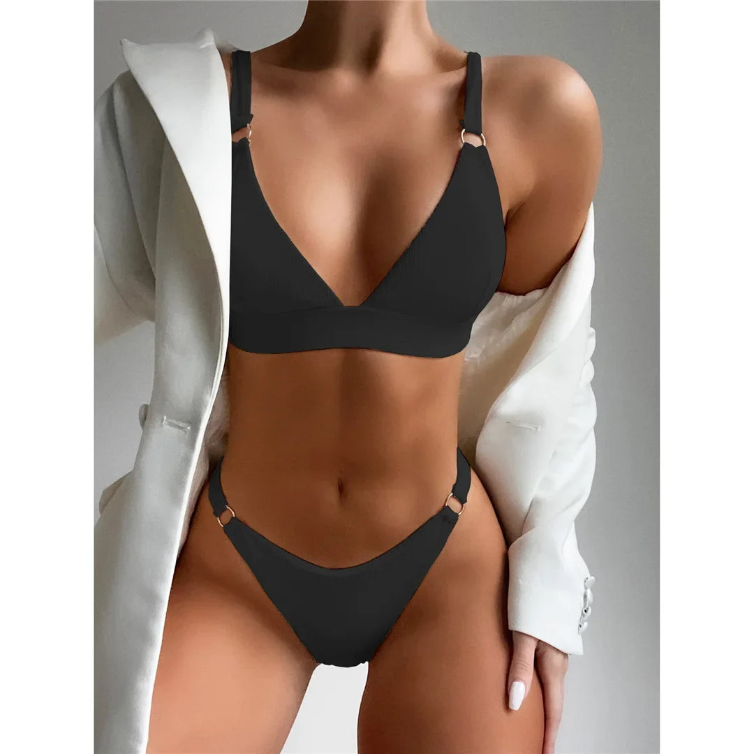 Sexy High Leg Cut Ribbed Bikini Women Swimwear Female Swimsuit Two-Pieces Bikini Set Padded Bather Bathing Suit Swim Lady V3255