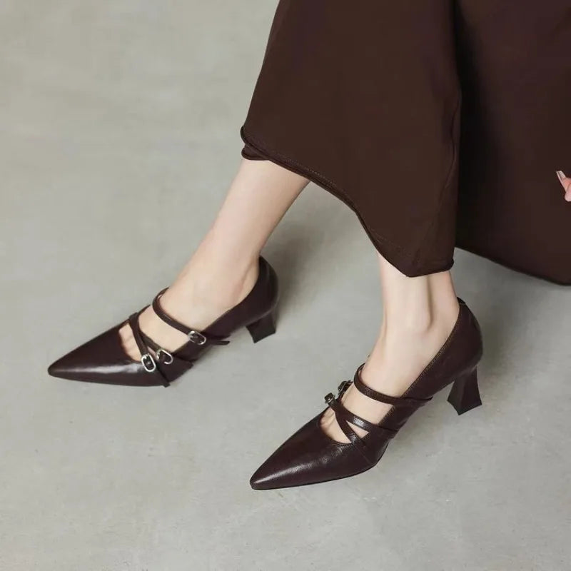 2026 Metal Buckle Hollow Sandals Office girl Pointed  Thin Heel Patent Leather Fashion Single Shoe 35-42 Big Size Women Shoes