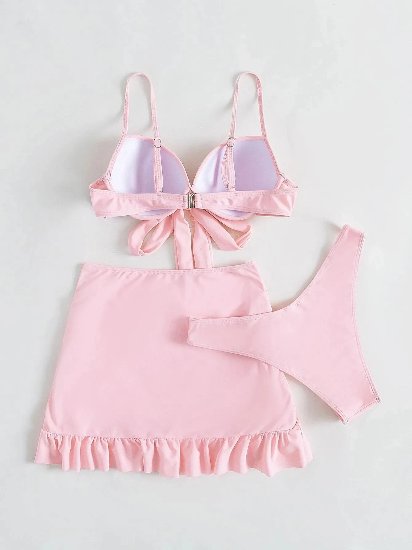 Women solid tie bow push up bikini sets three pieces with wrinkled ruffles mini skirt swimsuit bathing suit beach outfits