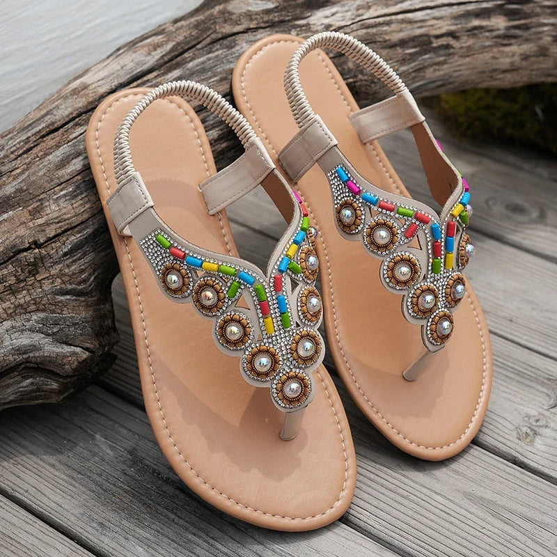 Bohemian String Bead Flat Sandals Women 2025 Summer Crystal Decor Clip Toe Beach Sandles Woman Plus Size Non Slip Sandalias 43