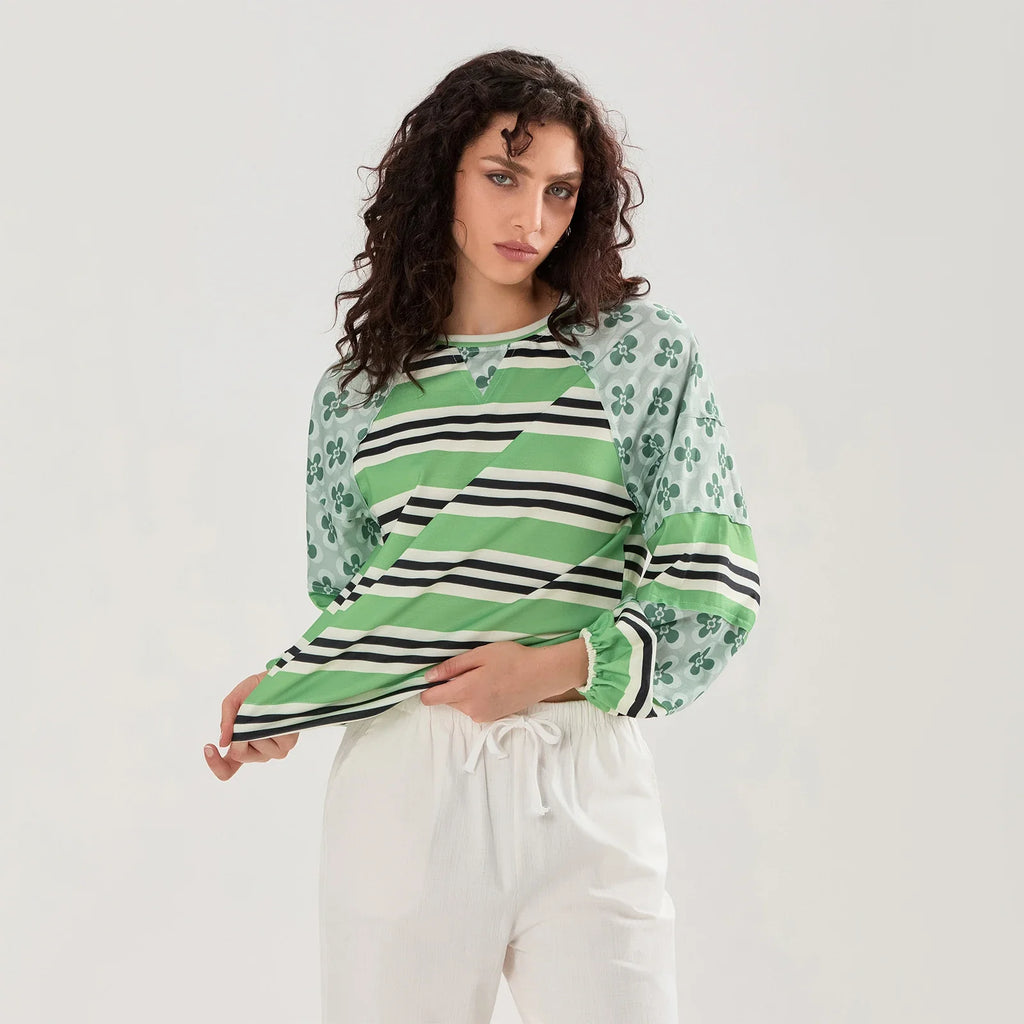 Loose Knitted Tops Women Contrast Color Stripe Floral Print Long Sleeve Pullovers Fall Winter Casual Jumpers