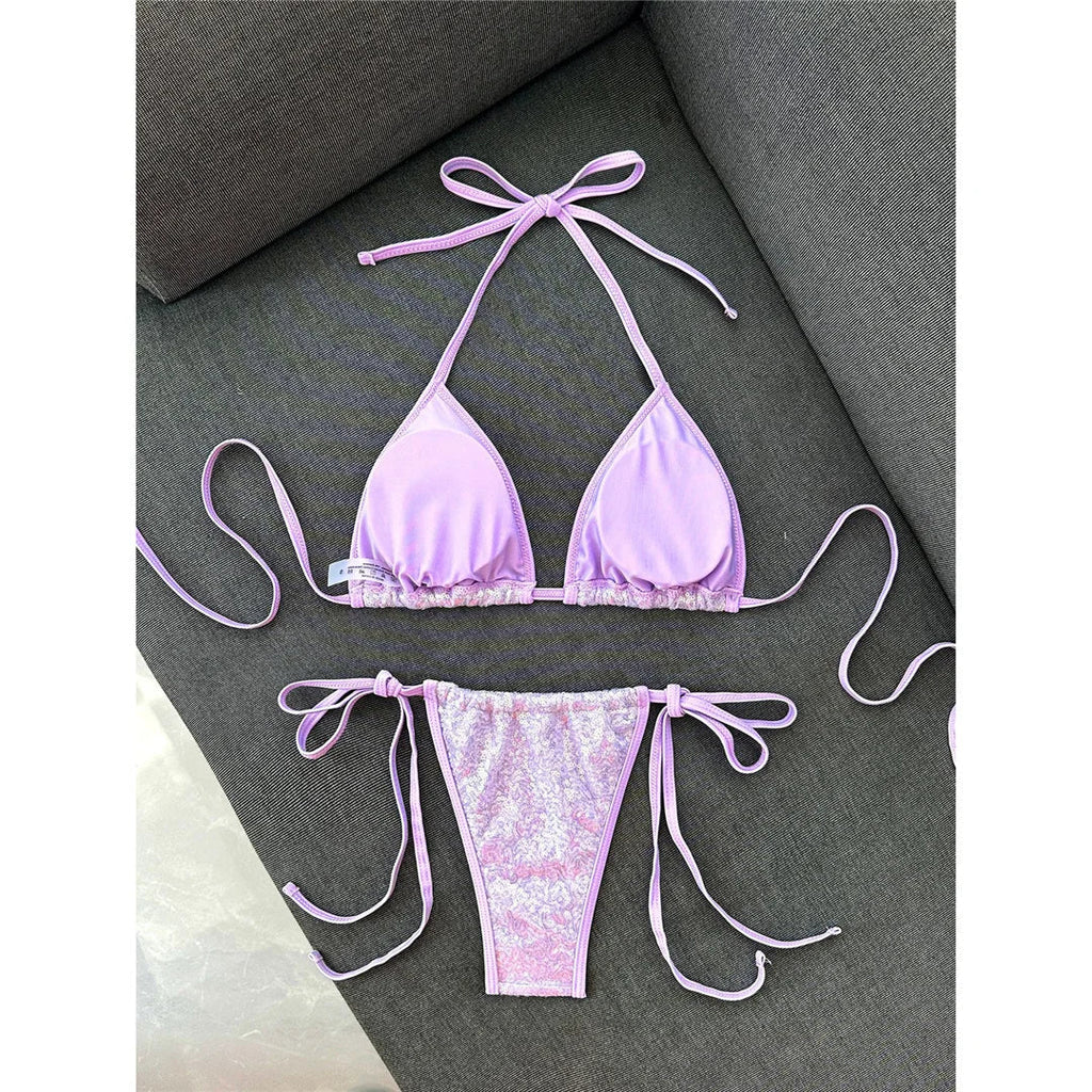 Sequins Halter Bikini Female Swimsuit Women Swimwear Two-Pieces Bikini Set High Cut Leg Padded Bather Bathing Suit Swim V8302