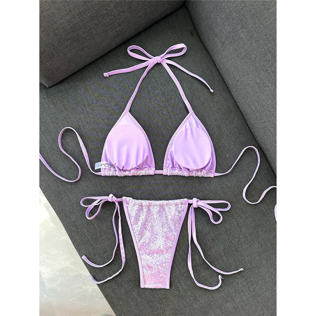 Sequins Halter Bikini Female Swimsuit Women Swimwear Two-Pieces Bikini Set High Cut Leg Padded Bather Bathing Suit Swim V8302