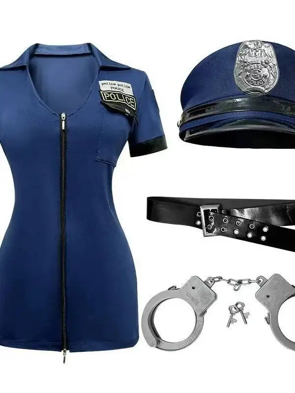 Sexy Cosplay Policewoman Midnight Uniform SM Zipper Bodysuits Solid Color Deep V Short Sleeved Wrap Hip Bodysuits Charming K0JQ