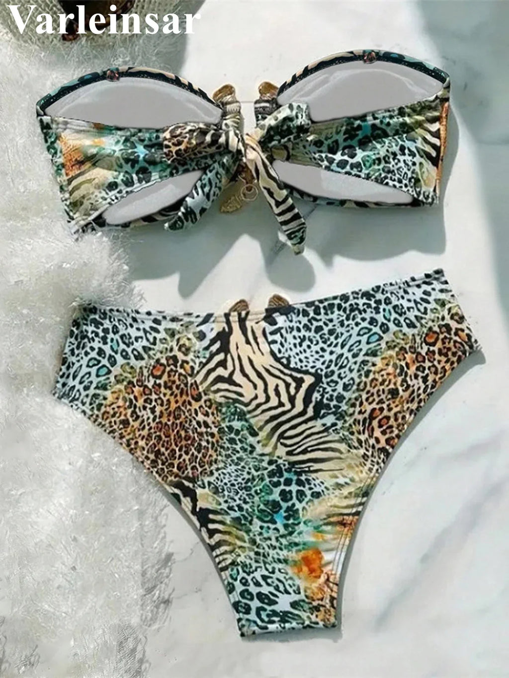 S - XL Sexy Leopard Printed Bandeau Bikini Female Swimsuit Women Swimwear Two-Pieces Bikini Set Bather Bathing Suit Swim V7541