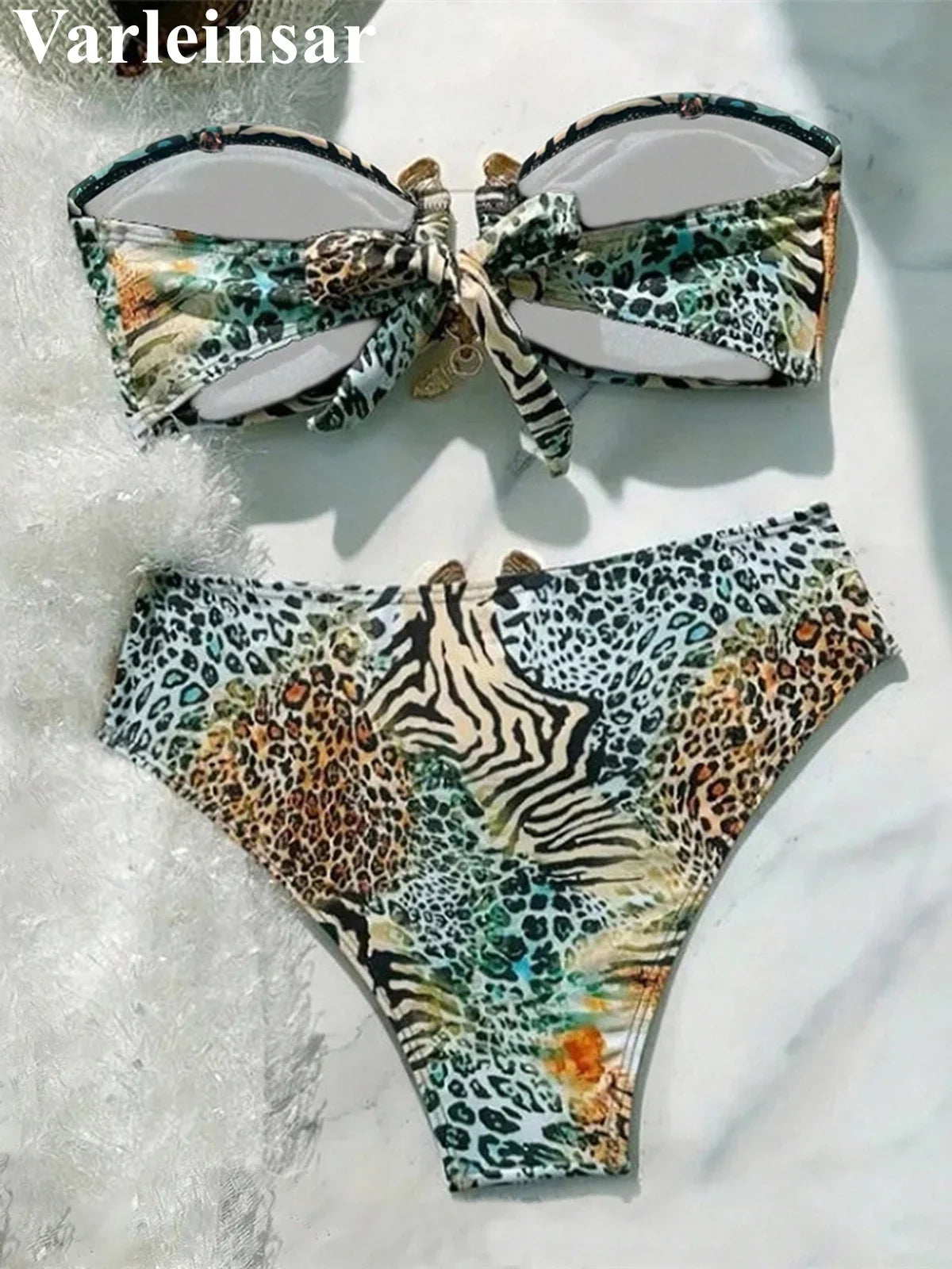 S - XL Sexy Leopard Printed Bandeau Bikini Female Swimsuit Women Swimwear Two-Pieces Bikini Set Bather Bathing Suit Swim V7541