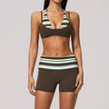 Breathable Striped Patchwork Yoga Clothing Women Fake Two-piece Sports Bra Folding High Waist Shorts Gym Running Fitness Suit