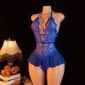 Sexy Crotchless White Underwear Women Lace Hollow Bra Set Erotic Costume Teddy Baby Doll Dress Deep V Open Bra Porn Lingerie Set