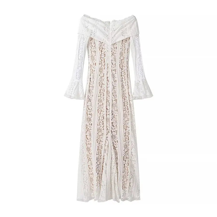 Off Shoulder White Lace Party Dress Flare Sleeve Bowknot Party Maxi Dress Sexy Elegant Summer Bodycon Vestidos Embroidery Robe