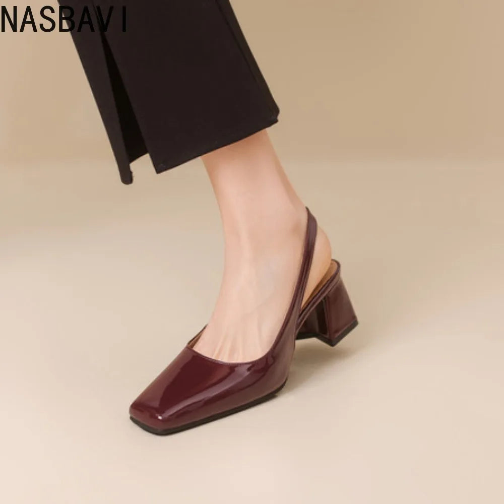 NASBAVI Vintage Womens Square Toes Pumps 6CM Chunky Heels Slingback Sandal Shoes Ladies Summer New Woman Lady Female Sandals
