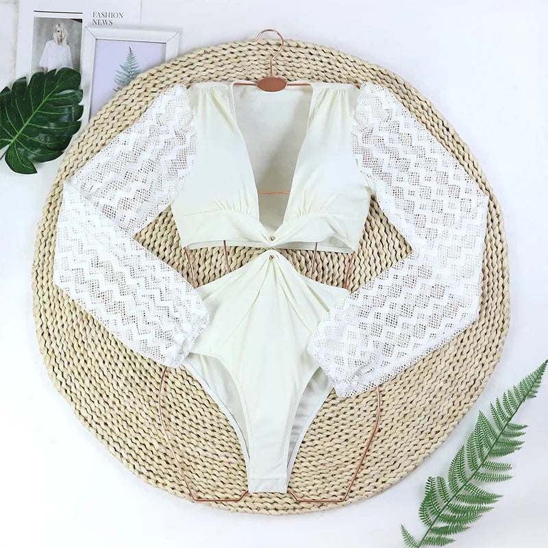 One Piece Swimsuit Sexy Long Sleeve Tropical Print Swimwear Women Bandage Monokini Hollow Out Bathing Suit String Beachwear 2023