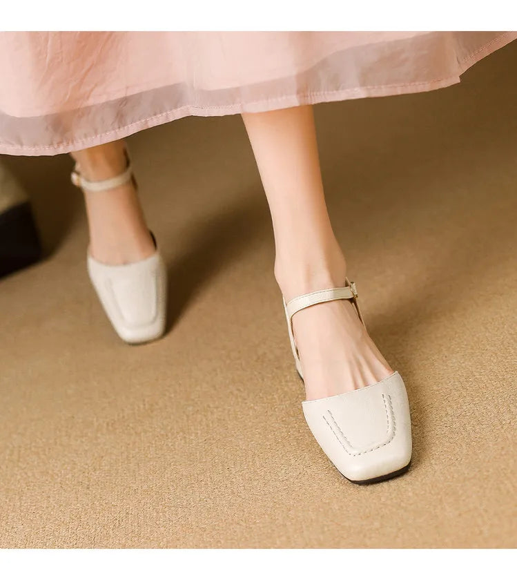 Plus Size 34-41 Women's Sheepskin Narrow Band T-strap Square Toe Summer Sandals 3.5cm Thick Low Heel Elegant Ladies Dress Shoes