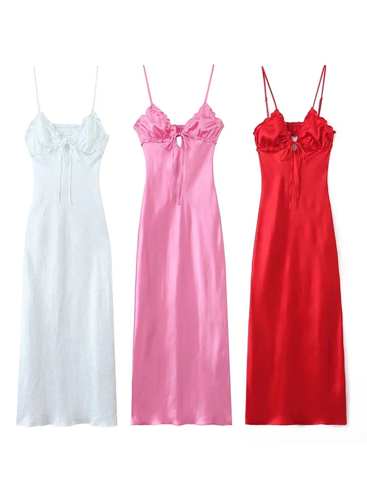 Foridol Ruffles Tie Up Satin Dress Women Elegant Maxi Long Summer Party Dress Spaghetti Strap Red Sexy Sundress Vestidos 2025