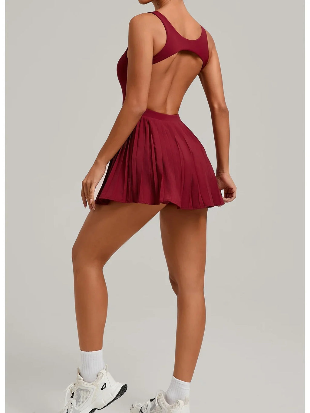 New Large Backless Tennis Dresses Women Solid Color Sleeveless Glare Pleated Yoga Skirt with Pocket Shorts Running Fitness Dress