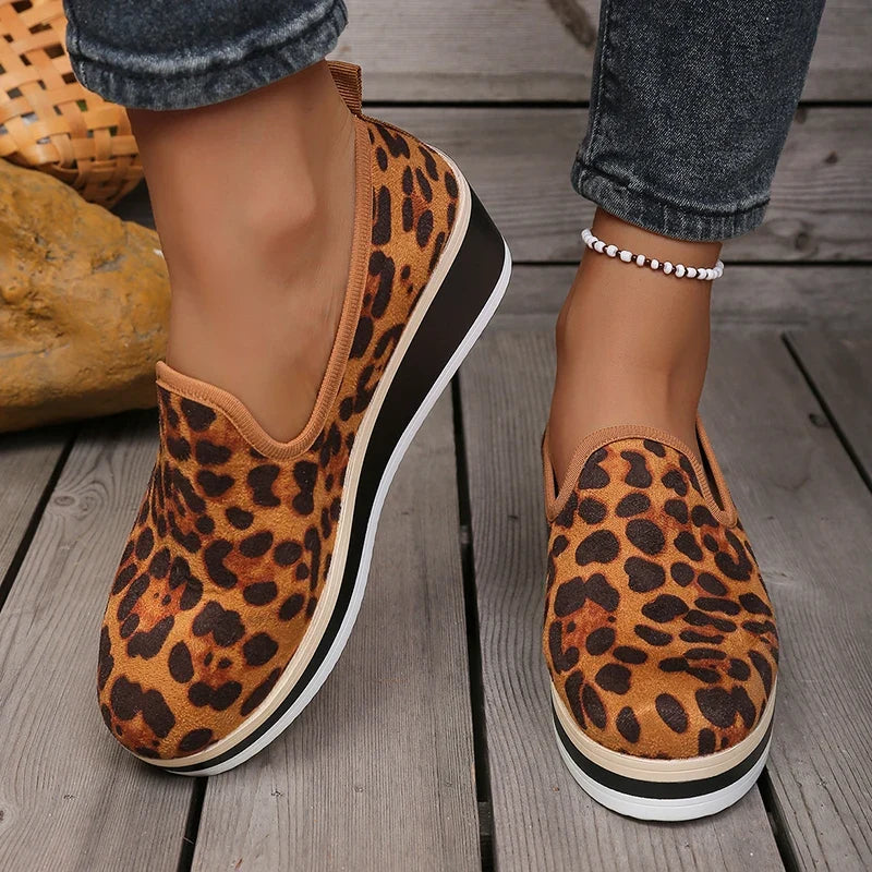 Sexy Leopard Print Wedge Heels Loafers Women Plus Size 43 Slip On Thick Sole Single Shoes Woman Round Toe Platform Casual Shoes