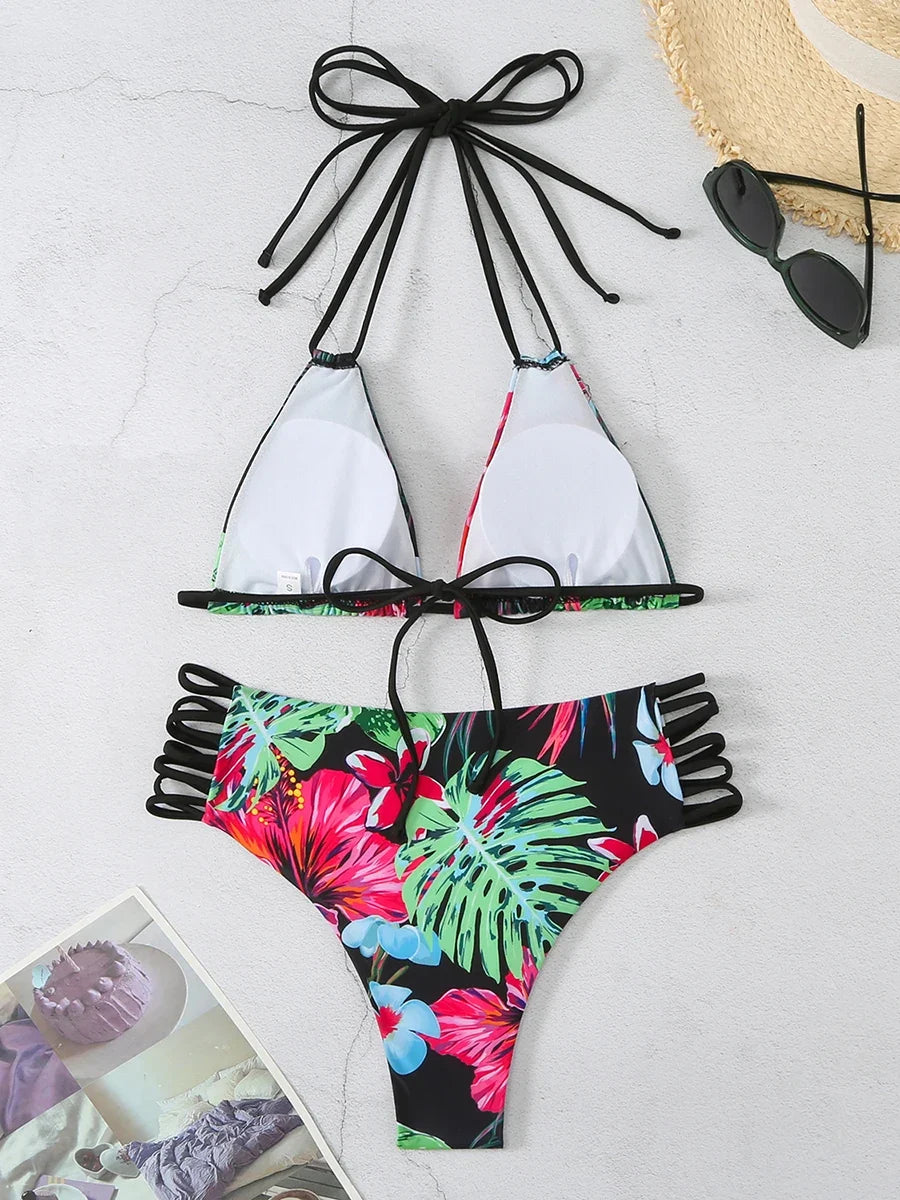 Halter String Floral Bikini 2026 High Waist Swimsuit Women Padded Swimwear Female Bathers Bathing Swimming Swim Suit Beachwear