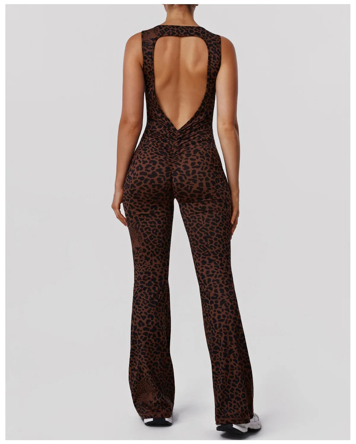 Sexy Brown Leopard Print Yoga Jumpsuit Women Hollow Out Backless Sleeveless Slim Gym Running One Piece Flare Pants Sports Suit