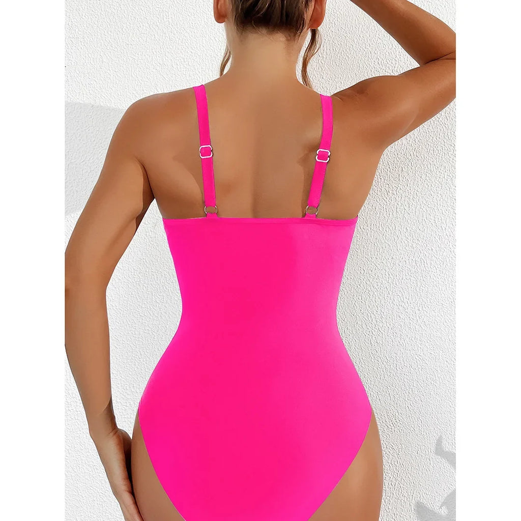 S - XL New Sexy Mesh Sheer V Neck Women Swimwear One Piece Swimsuit Female High Leg Cut Monokini Bather Bathing Suit Swim V5136