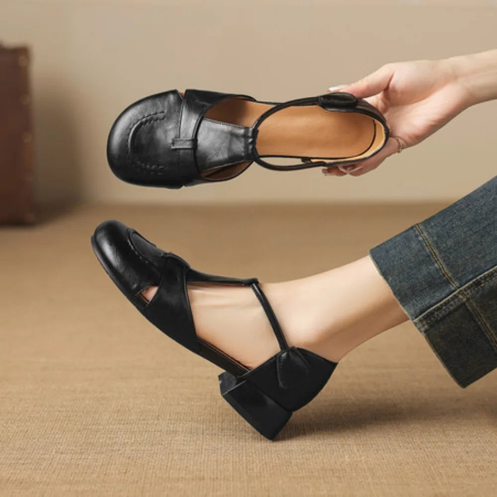 French Slip-on Single Shoes Retro British Shoes for Women Brown T-Strap Shallow Flat Sandals Soft Leather Rome  Summer New 32-43