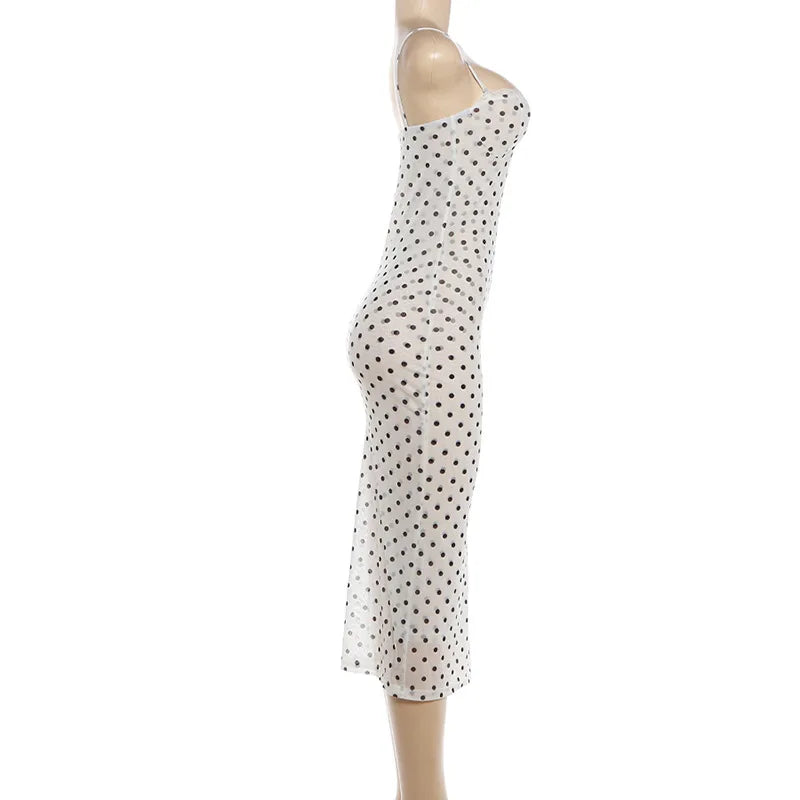 FDYOUI Woman Clothing Elegant Spaghetti Strap Polka Dot Midi Dress Ladies Sexy Lace Patchwork Sleeveless Slim Party Club Dresses