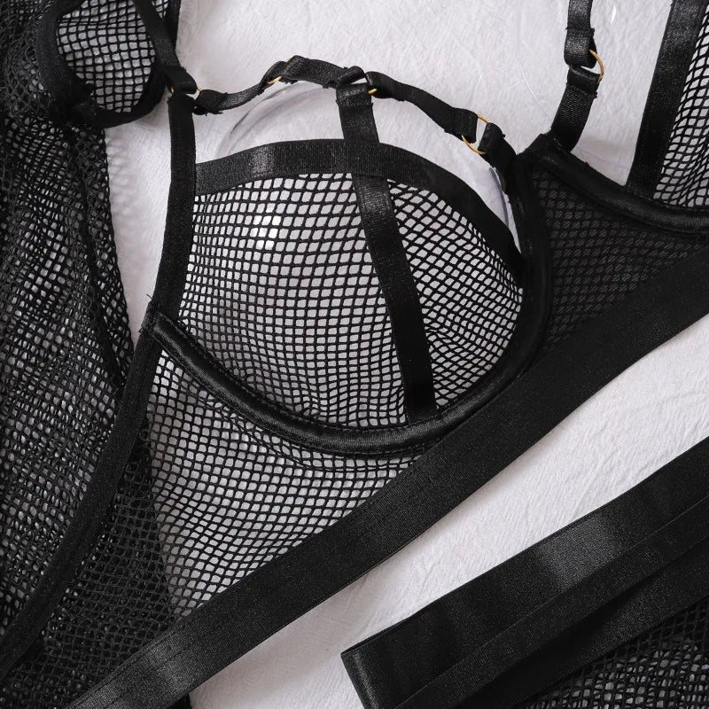 Toucheart Sexy Lingerie Set For Women Hollow Mesh See-through Sexy Temptation Free Underwear Long Sleeves Garters Lingerie Set