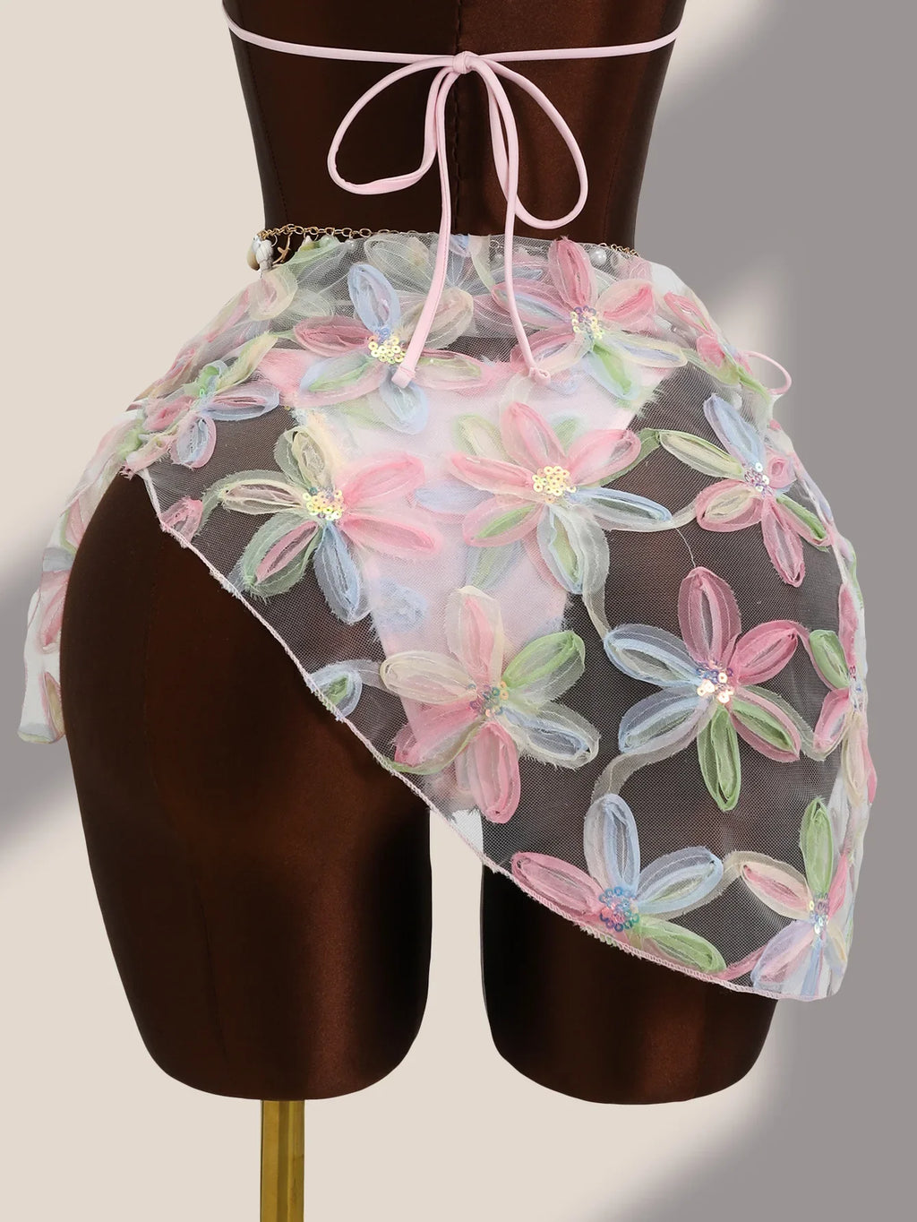 DEKA 3 Piece Brazil Triangle Bikini Set Vintage Pink Floral Embroidery Cover Up Women Halter Push Up Thong Swimsuit Bathing Suit
