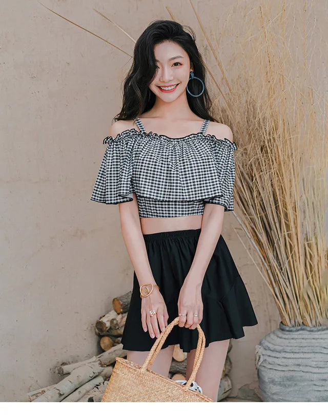 Swimsuit women's new Xia one shoulder camisole swimsuit ins conservative cover belly slimming split skirt swimsuit