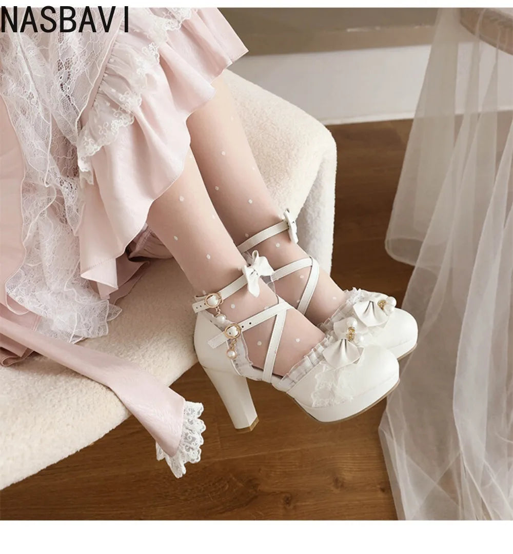 New Lolita Japanese Pearl Bow Sweet Cute Strap 9cm High Heeled Round Head Student Shoes Girls Vintage Sandals Single shoes 33-46