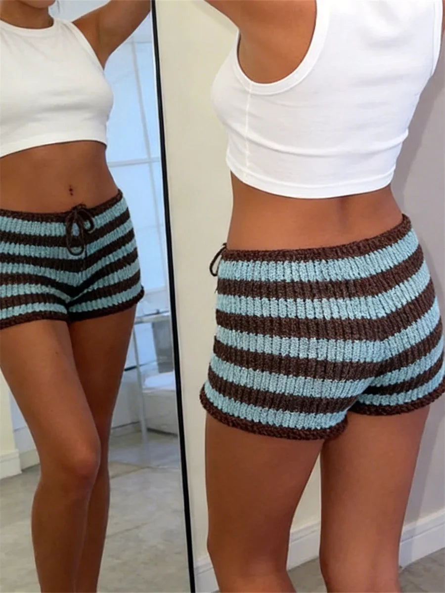 Women’s Summer Shorts Low Waist Stripe Print Knit Bodycon Shorts Beach Club Casual Grunge Stretchy Shorts