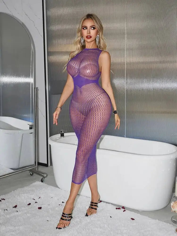 Alluring One-piece Sleepwear Hip-hugging Skirt Sexy Mesh Outfit Backless Sleeveless Bodysuits Transparent Pure Desire Charm 66EJ