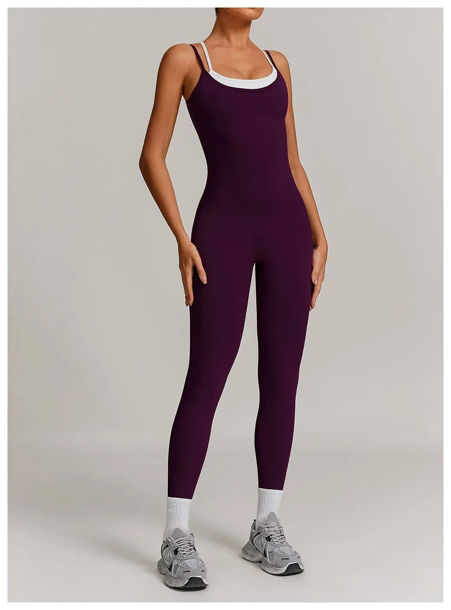 Yoga Jumpsuit Fake two color contrast halter sport jumps Women Push Up Gym Fitness Overalls Sport Outfit Sportswear Clothes 8843