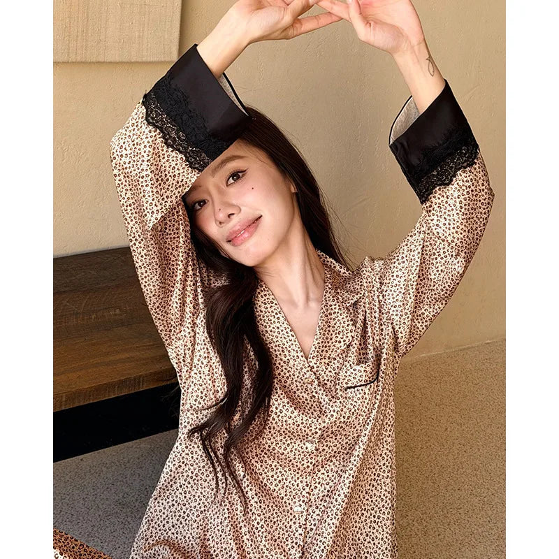 2026 Pajamas for Women Ice Silk Sexy Lace Small Leopard Print Long Sleeve Home Clothes Pajamas Set Can Be Weared Outside