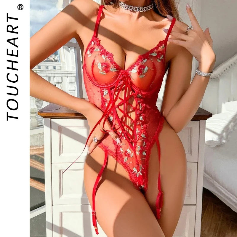 Toucheart Sexy Interesting Lingerie Red Lace Body Sissy Open Crotch Hot Sexy Adult Womens Clothing Fancy Floral Lace Up Tights