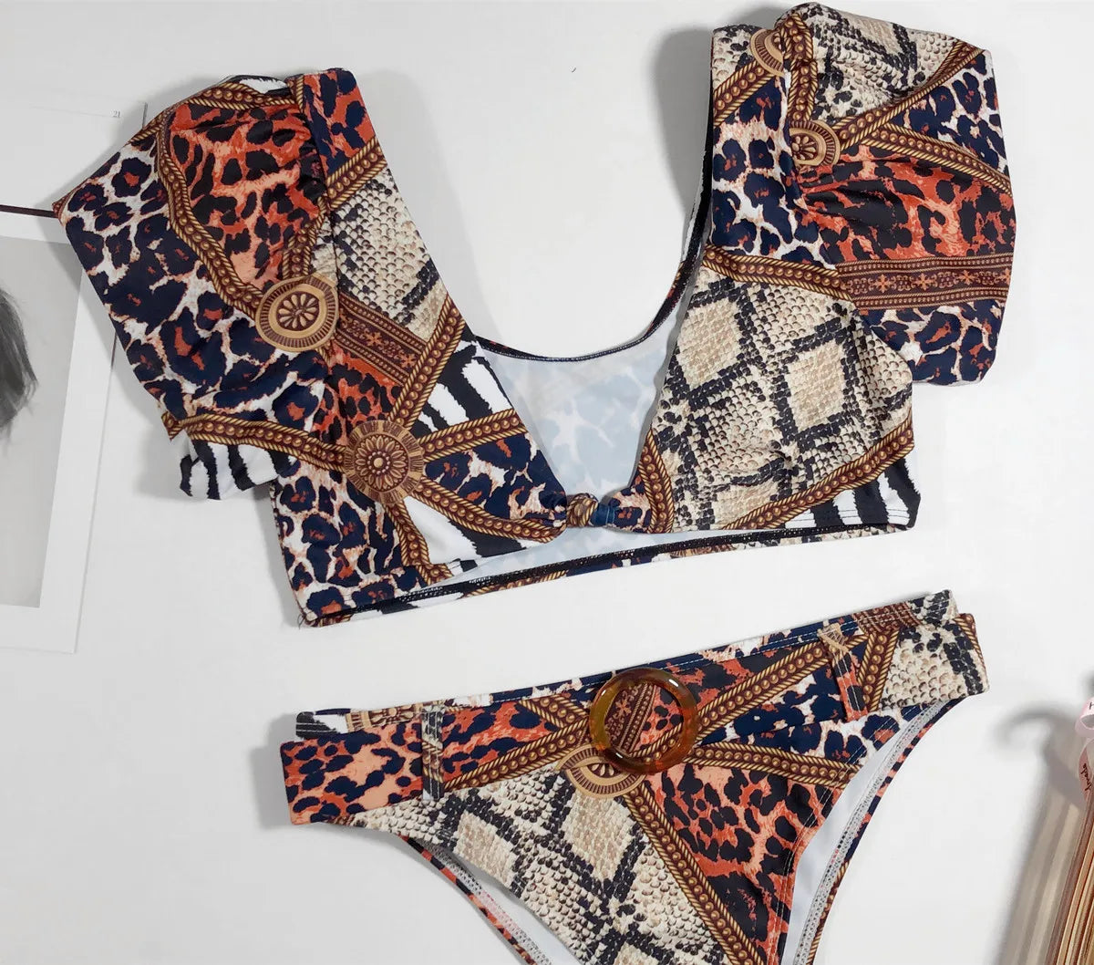 New Sexy Two Piece Swimsuit Swimwear Women Print High Waist Short Sleeve Bathing Suit Beachwear Belt Decor Banadores Mujer 2026