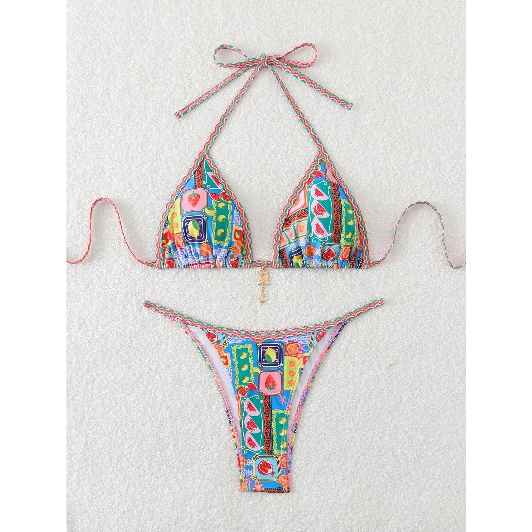 Sexy Tropical Print Bikini Set 2025 Women Halter Push Up Bra Thong Swimsuit Summer Holiday Bathing Suit Micro Swimwear Biquini