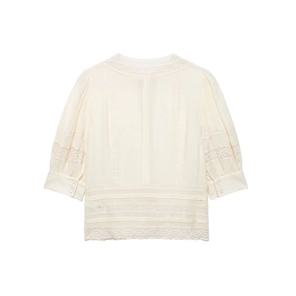 Women's Fashion Lace Romantic Style Shirt Women White Lace Trim Puff Sleeve Neck Button Front Casual Shirt For Daily Wear RJWE