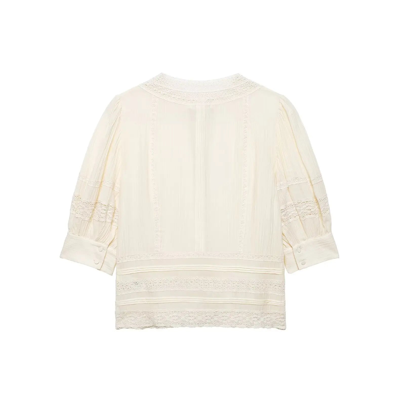 Women's Fashion Lace Romantic Style Shirt Women White Lace Trim Puff Sleeve Neck Button Front Casual Shirt For Daily Wear RJWE