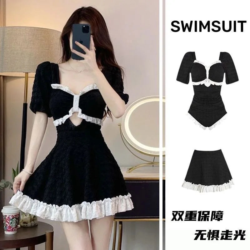 Hot Selling Swimsuit Women's New Black One-piece Cover Belly Slimming Skirt Style Flat Corner Hot Spring Conservative Swimsuit