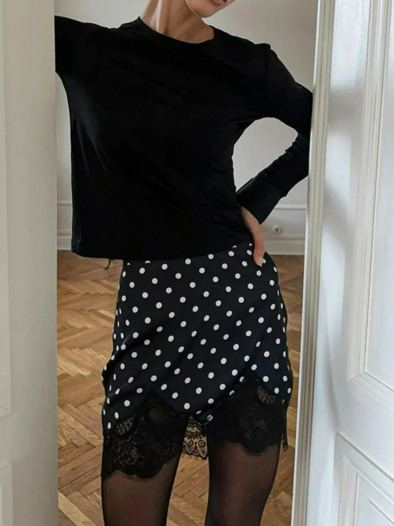 FDYOUI 2026 Woman Clothes Lace Patchwork Polka Dot Skirts Female Sexy Tight Short Skirt Black Party Night Club Dress Streetwear