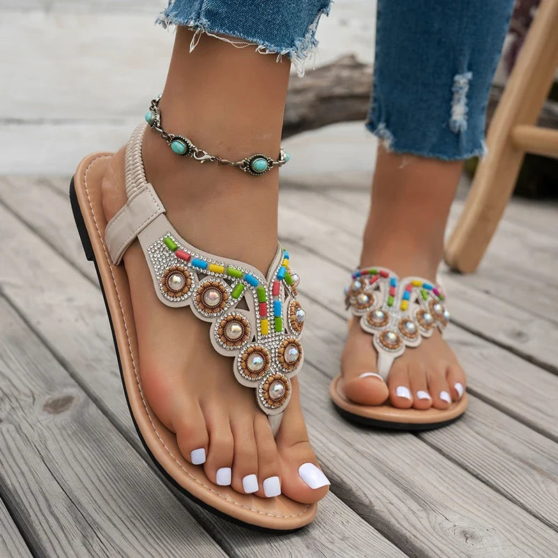 Bohemian String Bead Flat Sandals Women 2025 Summer Crystal Decor Clip Toe Beach Sandles Woman Plus Size Non Slip Sandalias 43