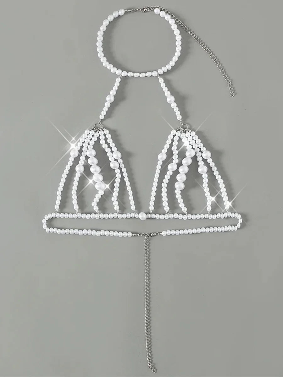 Luxury Pearls Chain Halter Hollow Out See Through Bikini Top Female Swimsuit Women Swimwear Bather Bathing Suit Swim Beach Top