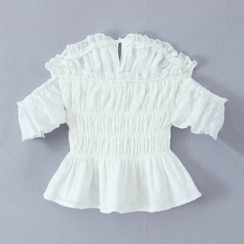 Spring New Style Elegant Ruffled One-shoulder Casual Top Shirt Womens White Off Shoulder Ruffle Waist Short Sleeve Casual OERV