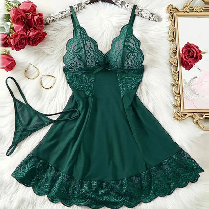 Summer Sleep Shirts Sexy Lingerie Women Mesh Nightgown Exquisite Ultra-thin Lace Embroidery Pajamas Hot Sleepwear With Thongs
