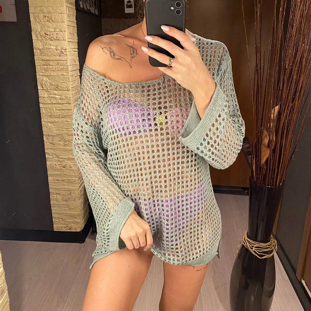 Long Sleeve Hollow Out Top Crochet Knitted Tunic Beach Cover Up Cover-ups Beach Dress Beach Wear Beachwear Female Women V4250