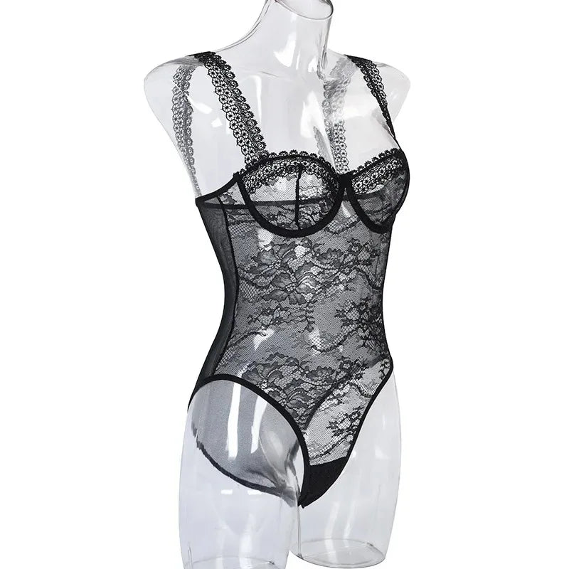Toucheart Sexy Mesh Patchwork Embroidery Jumpsuit For Women Lace Sling Underwear Solid Color Sexy See-Through Backless Jumpsuit